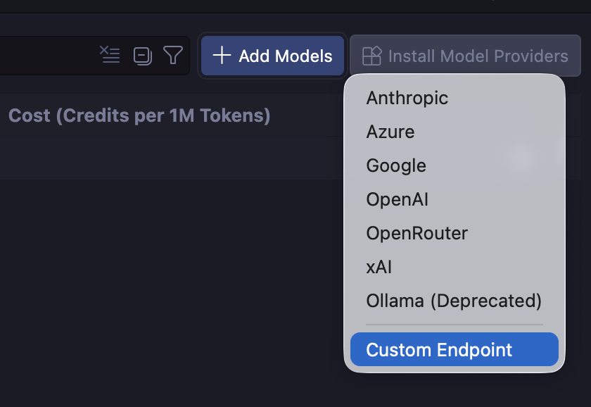 The VS Code Add Models menu with Custom Endpoint selected