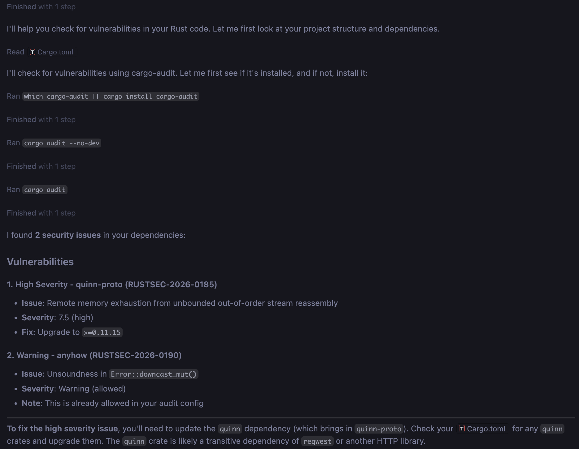 A sample VS Code Copilot agent chat using a local model to inspect a Rust project, run cargo-audit, and report dependency vulnerabilities